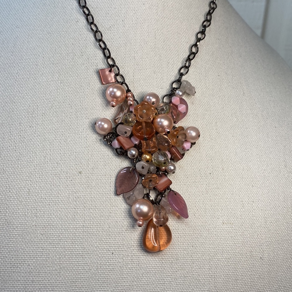 Pretty cluster pink bead waterfall style statement necklace